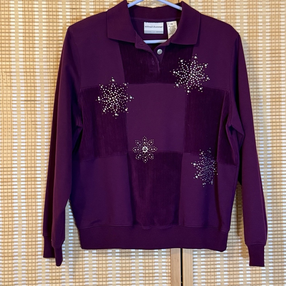 Alfred Dunner Womens PM Sweater Plum Shoulder Pads Rhinestones‎ Grannycore Fairy